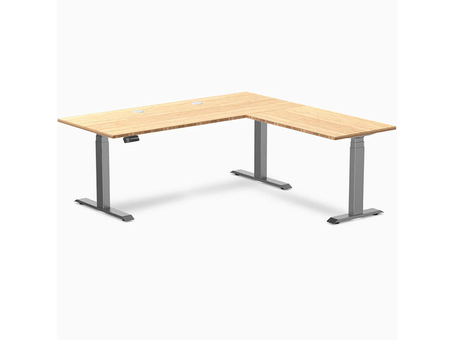 Desky Bamboo L-Shape Sit Stand Desk - Bamboo / 72 x 30 x 70 x 24 in with Grommets / Space Gray