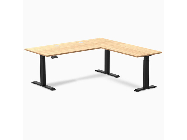 Desky Bamboo L-Shape Sit Stand Desk - Bamboo / 72 x 30 x 70 x 24 in with Grommets / Matte Black