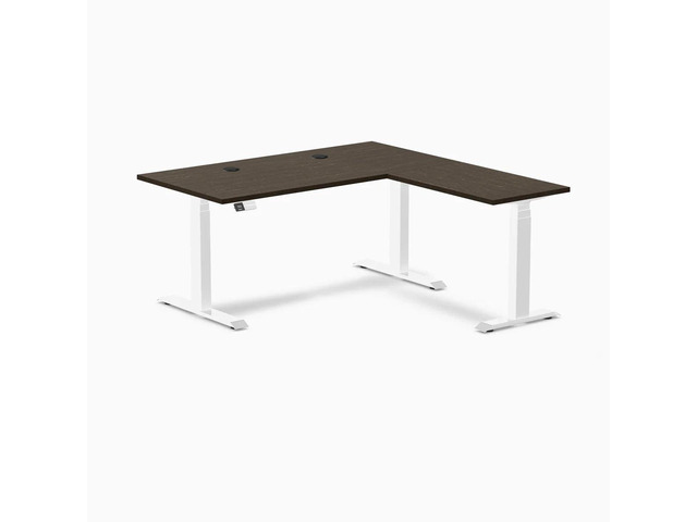 Desky Bamboo L-Shape Sit Stand Desk - Dark Bamboo / 60 x 30 x 62 x 20 in with Grommets / White