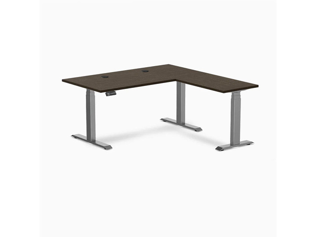 Desky Bamboo L-Shape Sit Stand Desk - Dark Bamboo / 60 x 30 x 62 x 20 in with Grommets / Space Gray