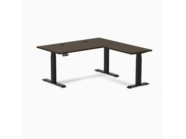Desky Bamboo L-Shape Sit Stand Desk - Dark Bamboo / 60 x 30 x 62 x 20 in with Grommets / Matte Black