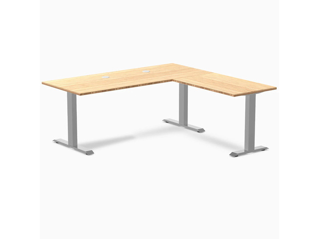 Desky Zero Bamboo L-Shape Office Desk - Bamboo / 72 x 30 x 70 x 24 in with Grommets / Gray