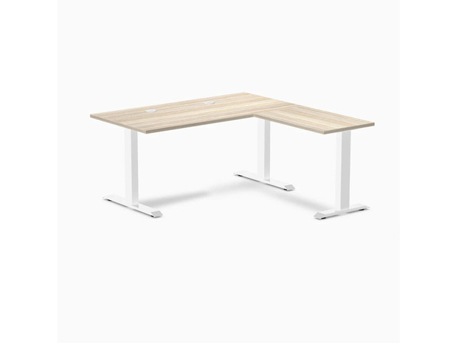 Desky Zero Laminate L-Shape Office Desk - Classic Oak / 59 x 29.5 x 61 x 19.7 in with Grommets / White