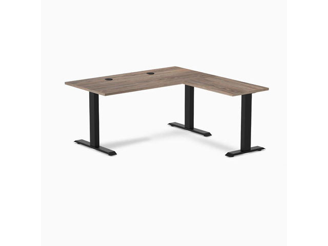 Desky Zero Laminate L-Shape Office Desk - Natural Walnut / 59 x 29.5 x 61 x 19.7 in with Grommets / Matte Black