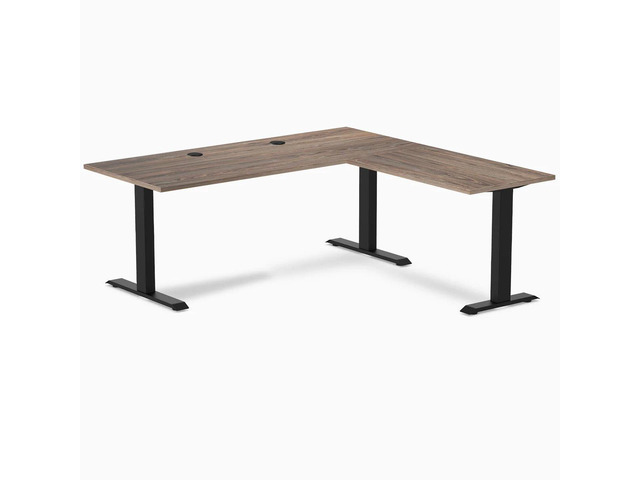 Desky Zero Laminate L-Shape Office Desk - Natural Walnut / 70.9 x 29.5 x 68.9 x 23.6 in with Grommets / Matte Black