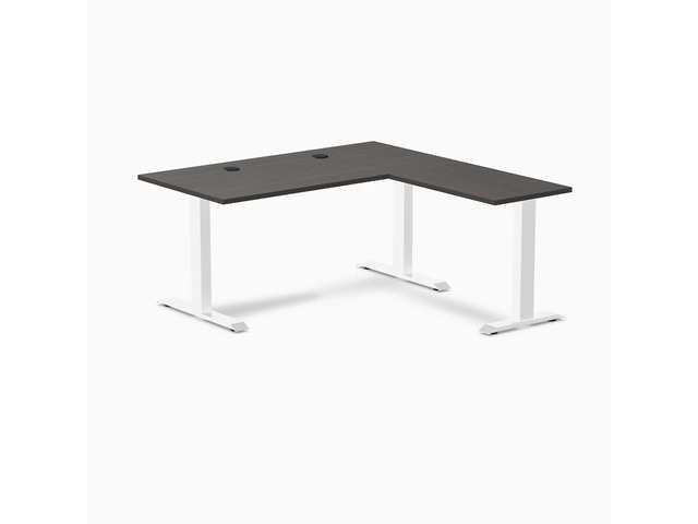 Desky Zero Laminate L-Shape Office Desk - Burnished Wood / 59 x 29.5 x 61 x 19.7 in with Grommets / White