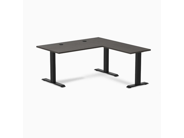 Desky Zero Laminate L-Shape Office Desk - Burnished Wood / 59 x 29.5 x 61 x 19.7 in with Grommets / Matte Black