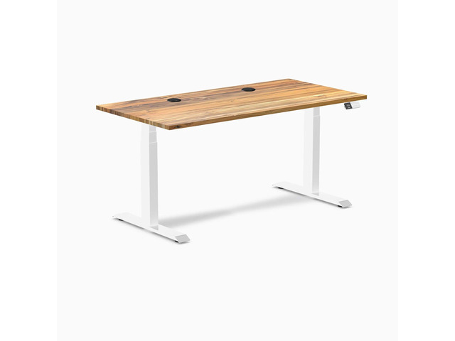 Desky Dual Hardwood Sit Stand Desk - Teak / 60 x 30 inches with Grommets / White