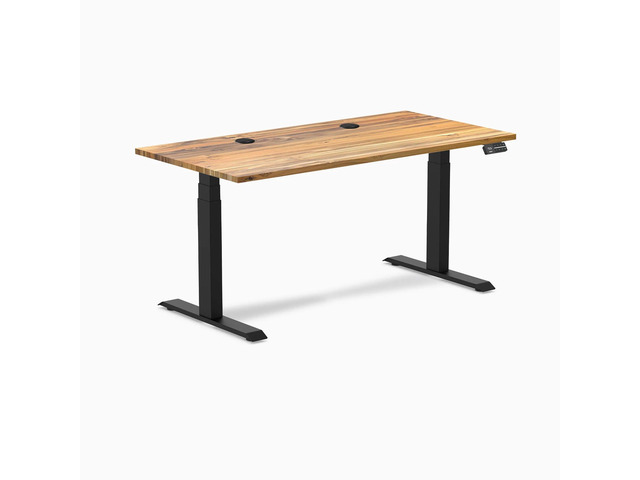 Desky Dual Hardwood Sit Stand Desk - Teak / 60 x 30 inches with Grommets / Matte Black