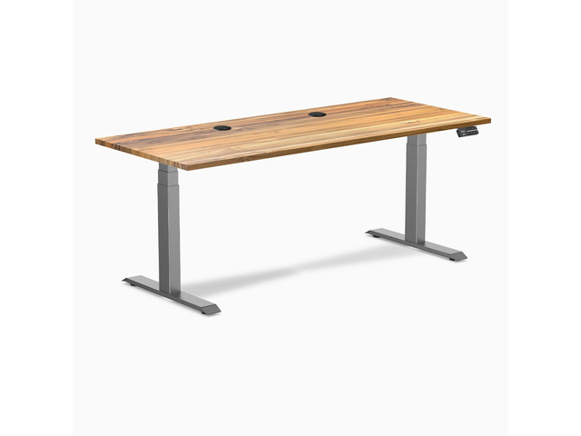 Desky Dual Hardwood Sit Stand Desk - Teak / 72 x 30 inches with Grommets / Space Grey