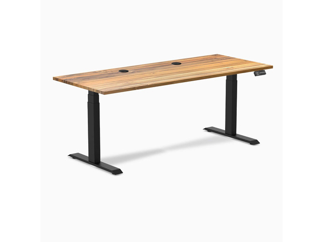 Desky Dual Hardwood Sit Stand Desk - Teak / 72 x 30 inches with Grommets / Matte Black