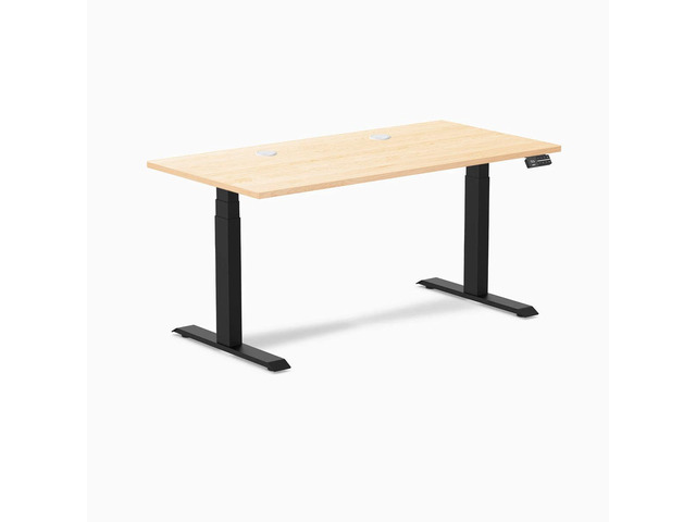 Desky Dual Hardwood Sit Stand Desk - Maple / 60 x 30 inches with Grommets / Matte Black