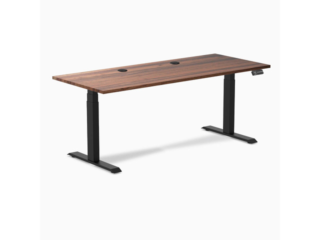 Desky Dual Hardwood Sit Stand Desk - Walnut / 72 x 30 inches with Grommets / Matte Black