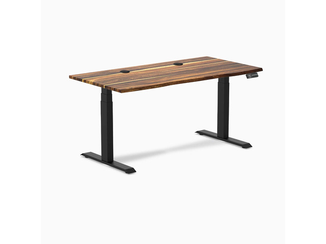 Desky Dual Hardwood Sit Stand Desk - Pheasantwood / 60 x 30 inches with Grommets / Matte Black