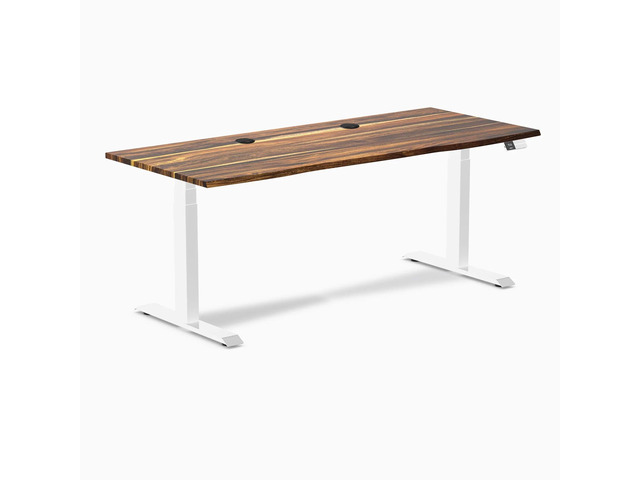Desky Dual Hardwood Sit Stand Desk - Pheasantwood / 72 x 30 inches with Grommets / White