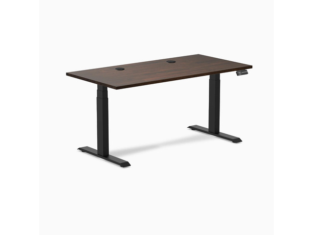 Desky Dual Rubberwood Sit Stand Desk - Dark Walnut / 60 x 30 inches with Grommets / Matte Black