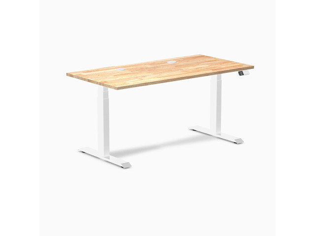 Desky Dual Rubberwood Sit Stand Desk - Natural Timber / 60 x 30 inches with Grommets / White