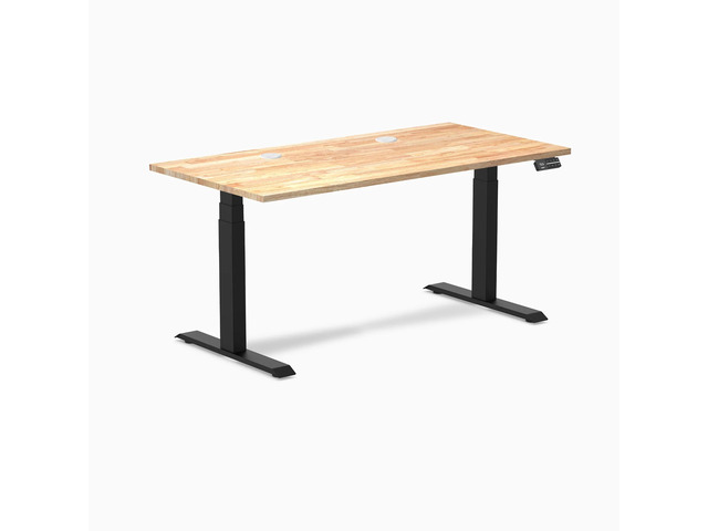 Desky Dual Rubberwood Sit Stand Desk - Natural Timber / 60 x 30 inches with Grommets / Matte Black