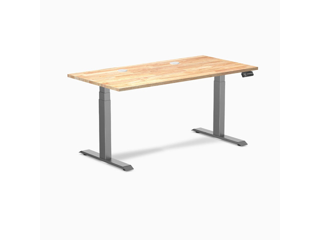 Desky Dual Rubberwood Sit Stand Desk - Natural Timber / 60 x 30 inches with Grommets / Space Grey