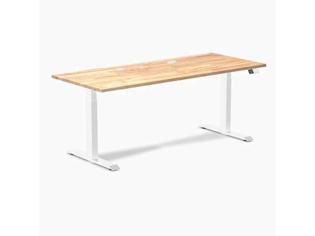 Desky Dual Rubberwood Sit Stand Desk - Natural Timber / 72 x 30 inches with Grommets / White