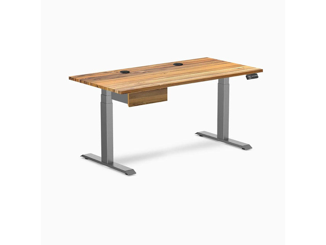 Desky Dual Hardwood Standing Desk With Drawer - Teak / 60 x 30 inches with Grommets / Space Grey
