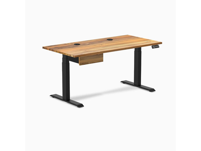Desky Dual Hardwood Standing Desk With Drawer - Teak / 60 x 30 inches with Grommets / Matte Black