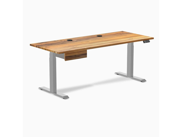 Desky Dual Hardwood Standing Desk With Drawer - Teak / 72 x 30 inches with Grommets / Grey