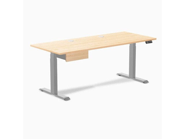 Desky Dual Hardwood Standing Desk With Drawer - Maple / 72 x 30 inches with Grommets / Grey
