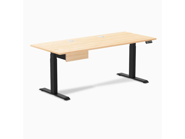 Desky Dual Hardwood Standing Desk With Drawer - Maple / 72 x 30 inches with Grommets / Matte Black