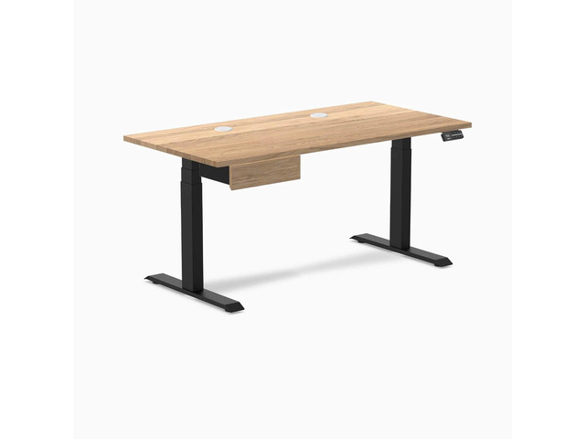 Desky Dual Hardwood Standing Desk With Drawer - White Oak / 60 x 30 inches with Grommets / Matte Black