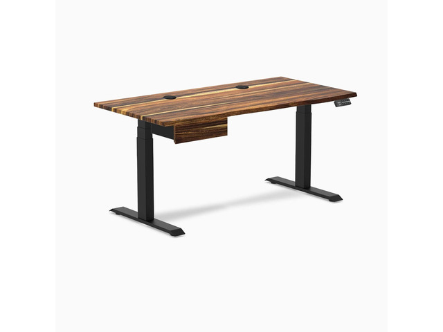Desky Dual Hardwood Standing Desk With Drawer - Pheasantwood / 60 x 30 inches with Grommets / Matte Black