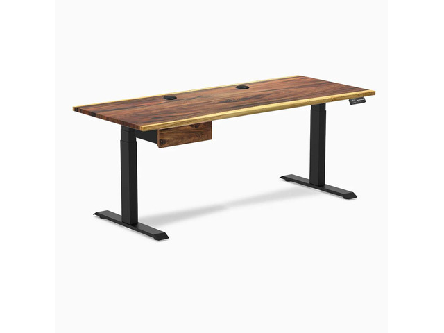 Desky Dual Hardwood Standing Desk With Drawer - Pheasantwood / 72 x 30 inches with Grommets / Matte Black