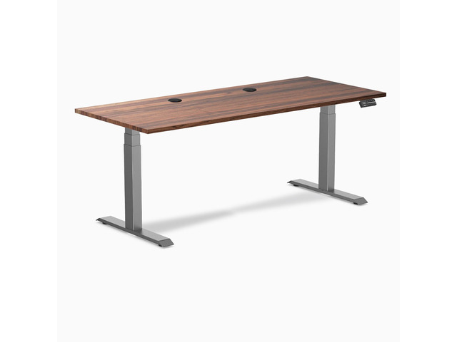 Desky Dual Hardwood Sit Stand Desk - Walnut / 72 x 30 inches with Grommets / Space Grey