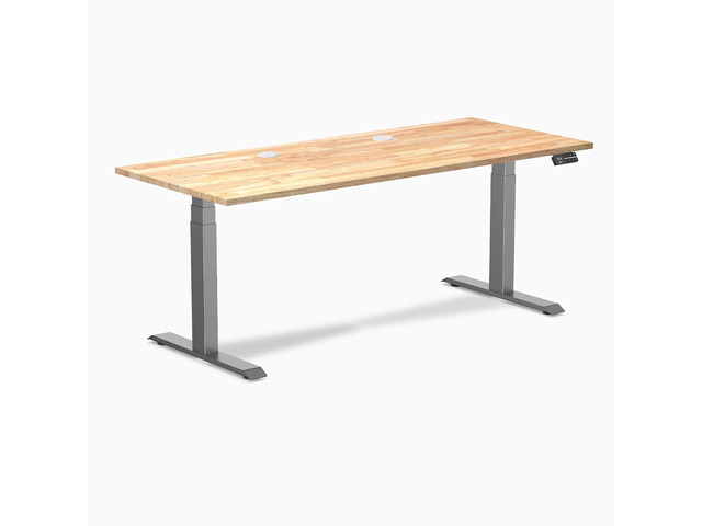 Desky Dual Rubberwood Sit Stand Desk - Natural Timber / 72 x 30 inches with Grommets / Space Grey