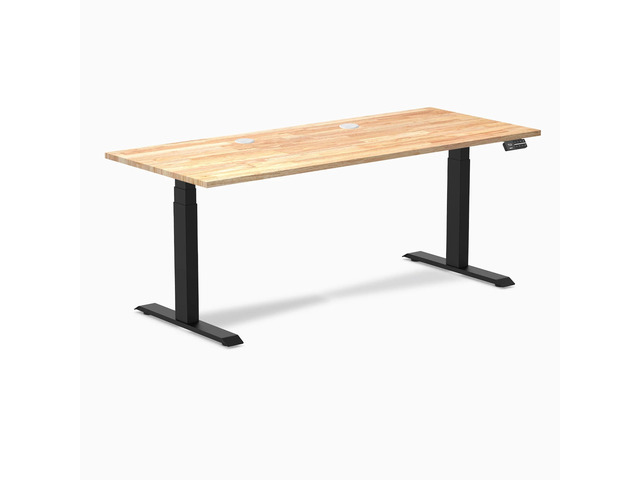 Desky Dual Rubberwood Sit Stand Desk - Natural Timber / 72 x 30 inches with Grommets / Matte Black