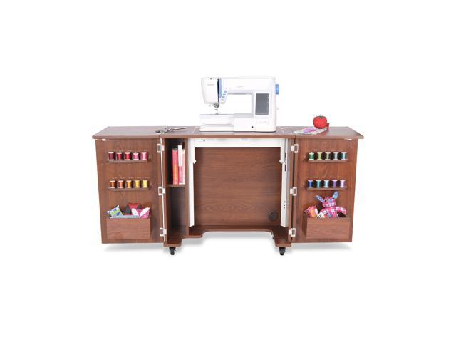 Bandicoot Sewing Cabinet with 3-Position Hydraulic Lift, Large Machine Compatibility, Thread Storage, Door Cubbies, and Locking Casters - Teak Finish