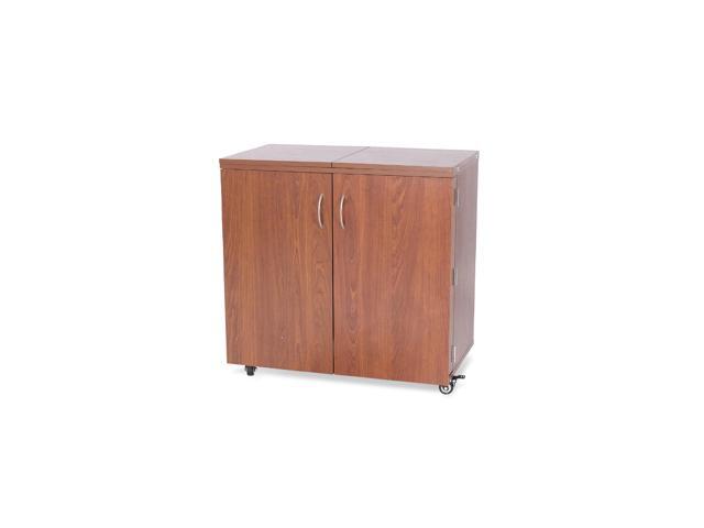Bandicoot Sewing Cabinet with 3-Position Hydraulic Lift, Large Machine Compatibility, Thread Storage, Door Cubbies, and Locking Casters - Teak Finish