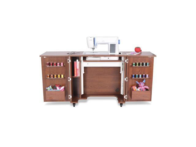 Bandicoot Sewing Cabinet with 3-Position Hydraulic Lift, Large Machine Compatibility, Thread Storage, Door Cubbies, and Locking Casters - Teak Finish