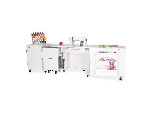 Aussie Sewing Cabinet with 3-Position Hydraulic Lift, Rear Quilt Leaf, Pull-Out Caddy, Locking Doors and Heavy-Duty Casters - Ash White