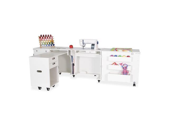 Aussie Sewing Cabinet with 3-Position Hydraulic Lift, Rear Quilt Leaf, Pull-Out Caddy, Locking Doors and Heavy-Duty Casters - Ash White