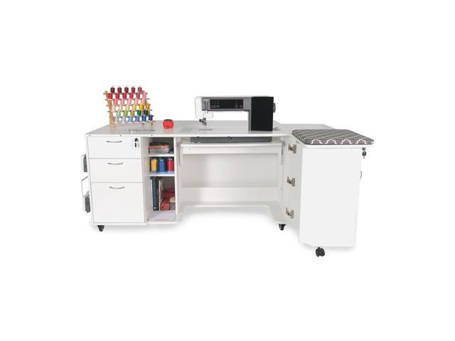 Kangaroo Sydney Hydraulic XL Sewing Cabinet with Extra-Large Lift Opening, Rear and Right Quilt Leaf Extensions - Ash White Finish