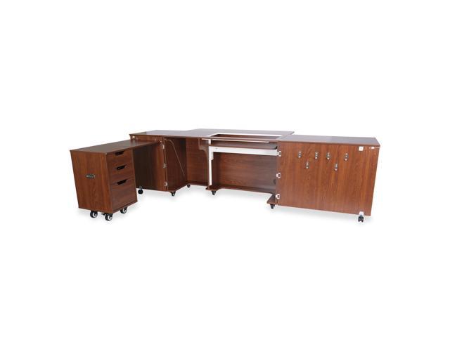 Kangaroo Outback XL Sewing Cabinet with 3-Position Hydraulic Lift, Extra-Large Machine Opening, Rear Quilt Leaf, and Rolling Caddy with Drawers - Teak