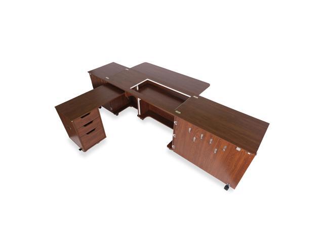 Kangaroo Outback XL Sewing Cabinet with 3-Position Hydraulic Lift, Extra-Large Machine Opening, Rear Quilt Leaf, and Rolling Caddy with Drawers - Teak