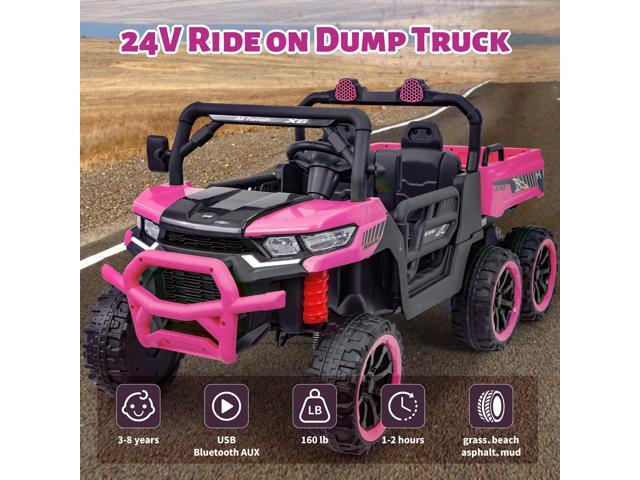 TCARAIWEN Kids 2 Seater Ride on Car 24V Electric Dump Truck 4WD Off-road UTV with Low & High Speeds Remote Control Bluetooth Music LED Lights