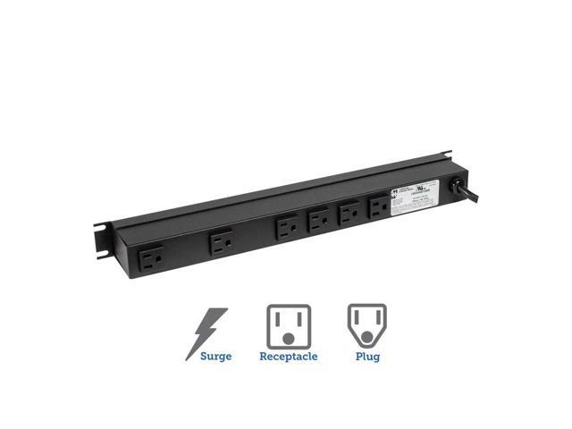 RackSolutions 15A Horizontal Rackmount Power Strip with Surge Protection, 6 Rear Outlets, 15ft Cord