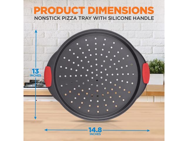 NutriChef Non-Stick Pizza Tray with Silicone Handles, 4-Pack Round Steel Non-Stick Pans with Perforated Holes, Premium Bakeware, Pizza Trays with...