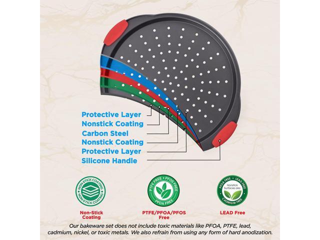 NutriChef Non-Stick Pizza Tray with Silicone Handles, 4-Pack Round Steel Non-Stick Pans with Perforated Holes, Premium Bakeware, Pizza Trays with...