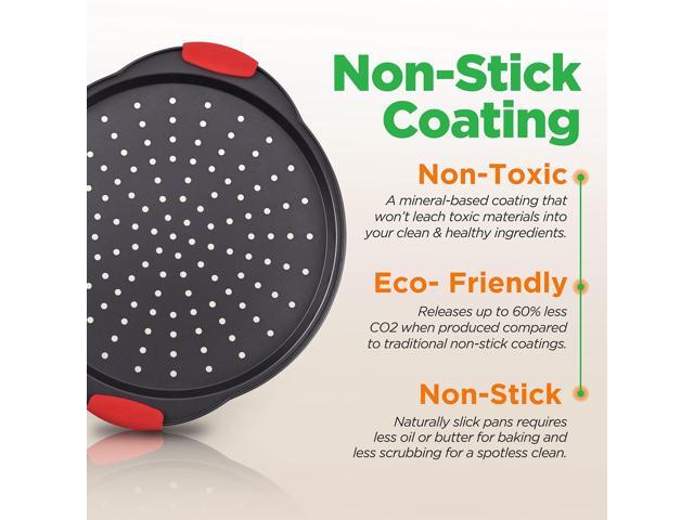 NutriChef Non-Stick Pizza Tray with Silicone Handles, 4-Pack Round Steel Non-Stick Pans with Perforated Holes, Premium Bakeware, Pizza Trays with...
