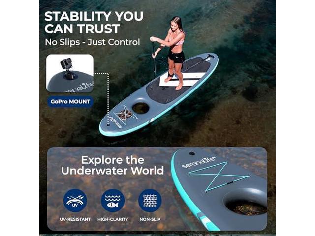SereneLife 106 Inflatable Stand-Up Paddle Board with Window - 32 Wide Stable Design with Non-Slip EVA Deck Pad, Premium SUP Accessories and GoPro...
