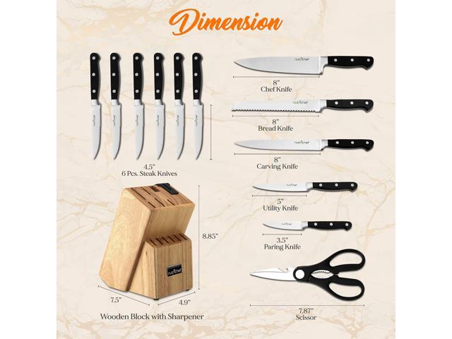 NutriChef 13-Piece Kitchen Knife Set with Wooden Block - Precision Crafted Stainless Steel Knives with Scissors & Built-In Sharpener - Lightweight,...